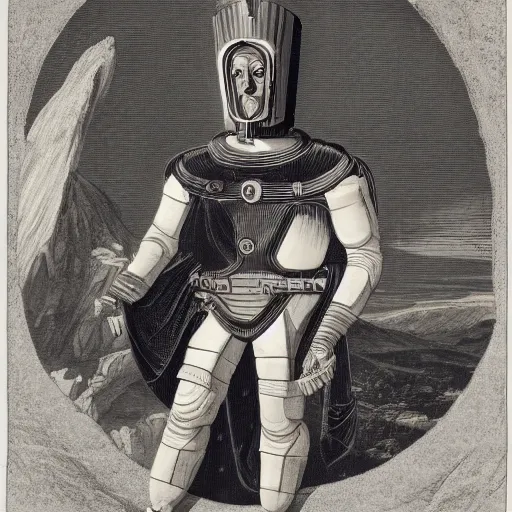 Prompt: photography of space traveller with ancient helmet and suit full of ornaments by bertel thorvaldsen