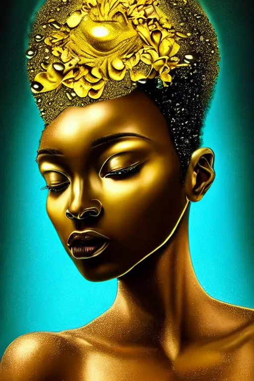 Prompt: hyperrealistic post - dada cinematic very expressive! profile black oshun goddess, head emerging from water!!, mirror dripping droplet!, gold flowers, highly detailed face, digital art masterpiece, smooth eric zener cam de leon, dynamic pearlescent teal light, low angle uhd 8 k, sharp focus