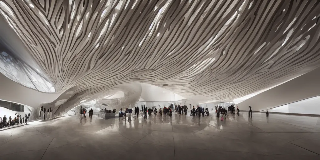 Image similar to extremely detailed ornate stunning sophisticated beautiful elegant futuristic museum lobby interior by Zaha Hadid, stunning volumetric light, sunset