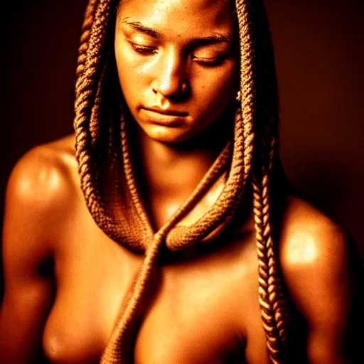 Image similar to beautiful woman with soft skin, cornrows, 8K artistic photography, photorealistic, chiaroscuro, by Steve Mccurry, Joey L, Raphael, Caravaggio