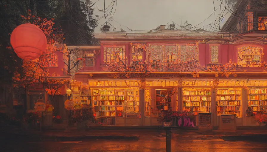 Image similar to a Wes Anderson 35mm film still of a very magic bookshop with a miniature mountain city inside, golden hour, falling cherry blossom pedals, in the style of Gucci, glowing warm lights and floating lanterns, foggy atmosphere, rainy, moody, muted colors, magic details, very detailed, 8k, cinematic look, octane render, psychedelic,