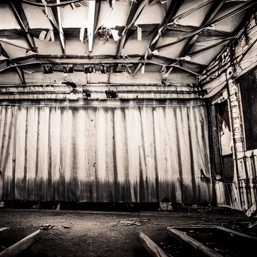 Image similar to abandoned circus, there is one person in the middle of the stage, photograph, 50mm