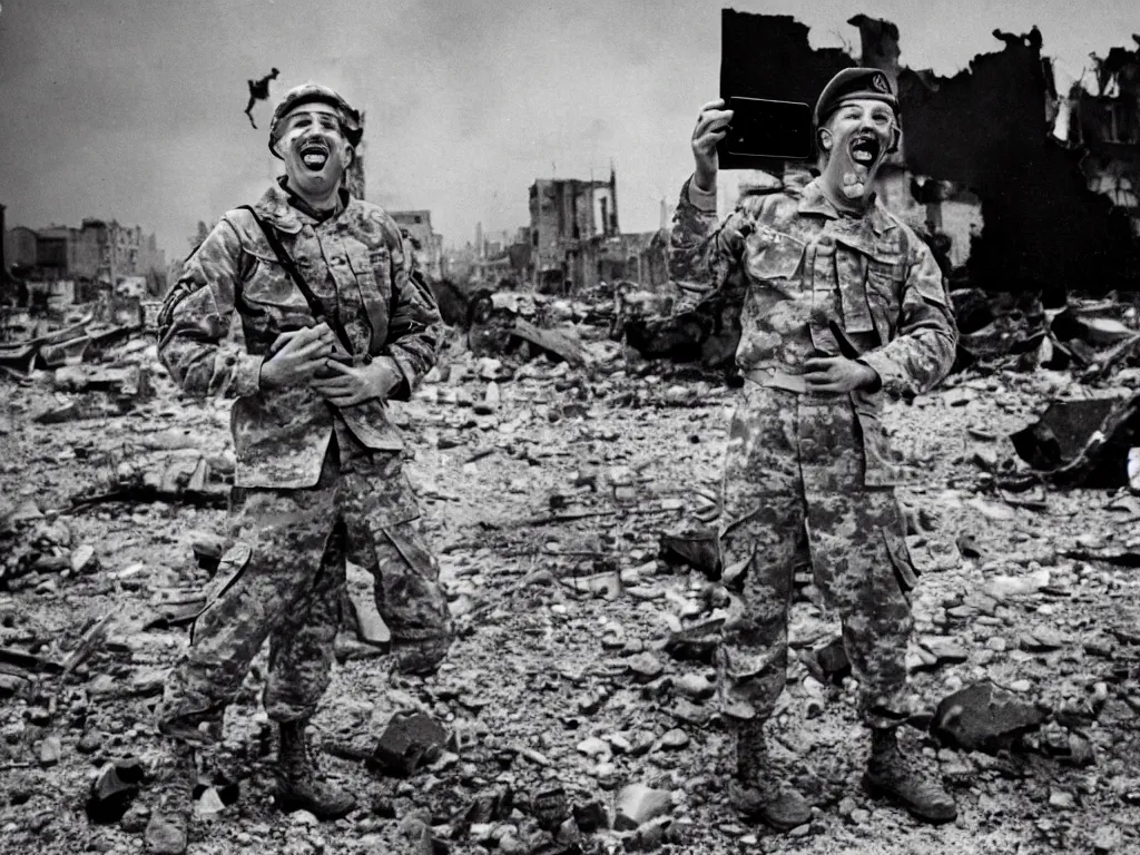 Image similar to a hysterical smiling soldier taking selfies, posing in front of bombed city, explosions in the background, close ups, war scenery, surrealism aesthetic, technicolor tv, noise