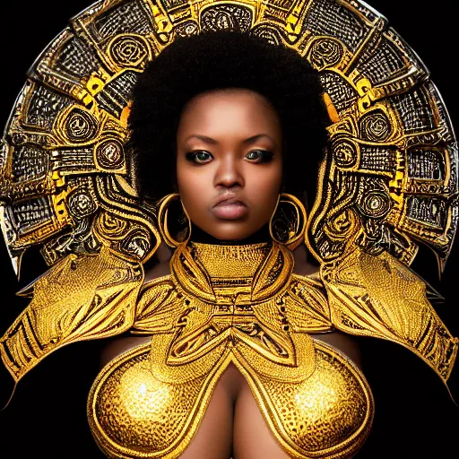 Image similar to Portrait of a beautiful black woman with symmetrical features, standing in gilded black and gold armour, full body, intricate detail, high fantasy, manga,