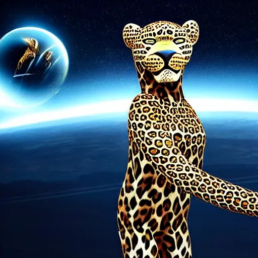 Image similar to A beautiful scene from a 2020 sci-fi film featuring a humanoid leopard wearing a futuristic uniform on a starship. An anthropomorphic leopard in a uniform.