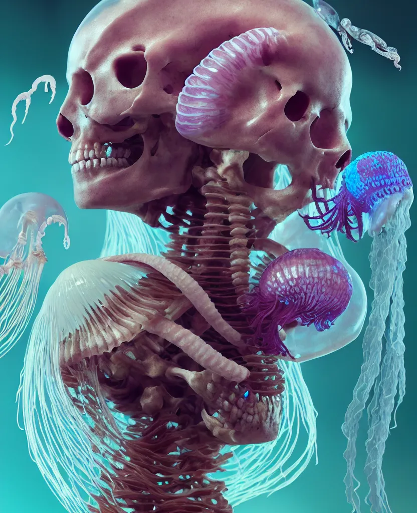 Image similar to goddess close-up portrait human skeleton, ram skull, jellyfish, orchid, betta fish, bioluminiscent, intricate artwork by Tooth Wu and wlop and beeple. octane render, trending on artstation, greg rutkowski very coherent symmetrical artwork. cinematic, hyper realism, high detail, octane render, 8k