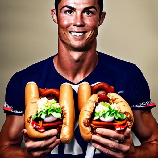 Prompt: a promo portrait of cristiano ronaldo in a sofa, holding a plate of hot dogs to the camera,