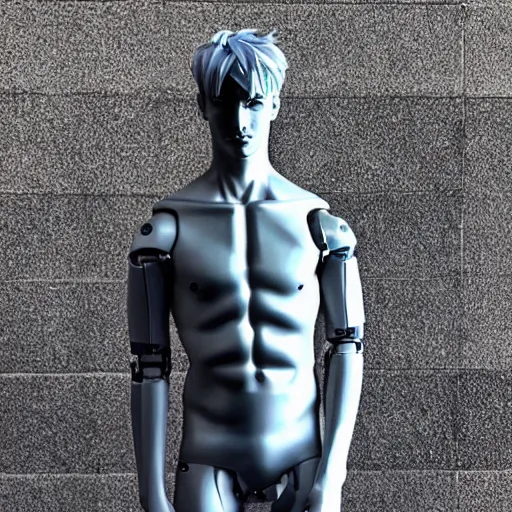 Image similar to “a realistic detailed photo of a guy who is an attractive humanoid who is half robot and half humanoid, who is a male android, twitch streamer Ninja Tyler Blevins, shiny skin, posing like a statue, blank stare, streaming”