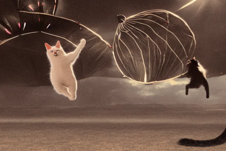 Image similar to a cat jumping off a plane with a parachute, cinematic composition, action