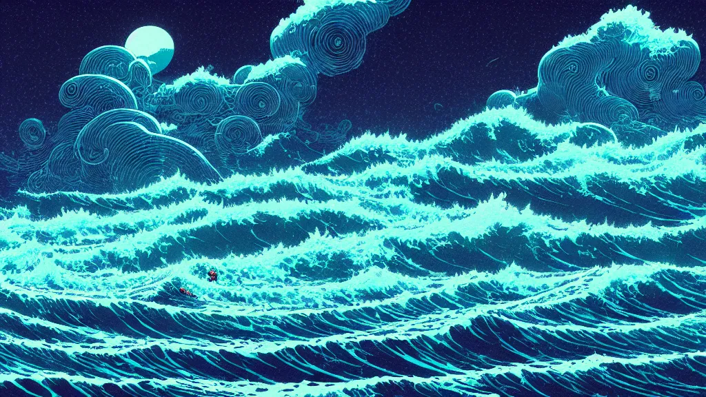 Prompt: highly detailed illustration of high exposure ocean waves at night by makoto shinkai, by nico delort, by dan mumford, by otomo, by kilian eng, by moebius, kodachrome, 4 k resolution