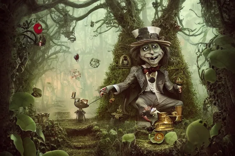 Prompt: ( ( ( ( the mad hatter ) ) ) ) by michael kutsche!!!!!!!!!!!!!!!!!!!!!!, tim burton, cg, trending on artstation, brass goggles, in a hedge maze