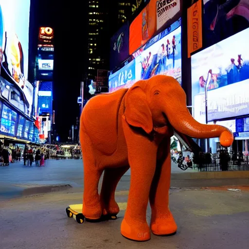 Prompt: an orange elephant on a skateboard in times square at night