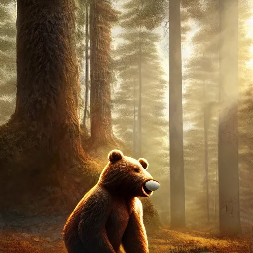 Image similar to a giant anthropomorphic bear singing on a stage in a forest, digital art, detailed face, highly detailed, calm, deviantart, art by greg rutkowski, artstation, natural lighting, dramatic