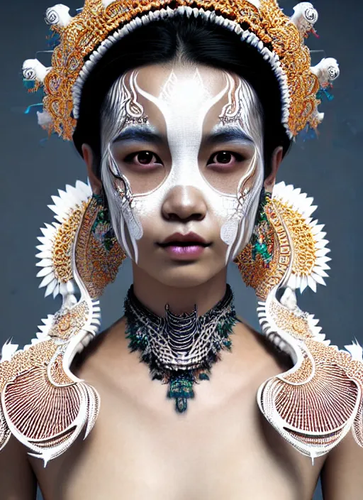 Image similar to absurdly beautiful young thai woman with symmetrical white makeup, wearing an intricate headdress made from bones, wearing large earrings made from white bones, hyperdetailed illustration by irakli nadar and alexandre ferra, intricate linework, unreal engine 5 highly rendered, global illumination, radiant light, detailed and intricate environment