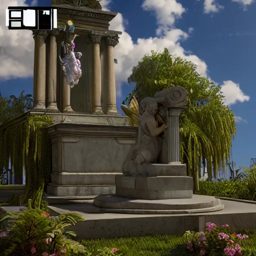 Image similar to baroque vaporwave statue, high detail, rendered in unreal engine, 3d render, god rays, volumetric lighting, award winning, vegetation, mark Ryden, oasis