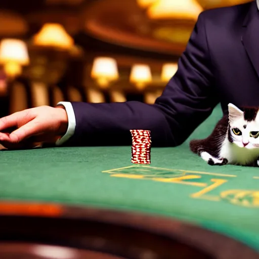 Image similar to man holding a toy cat and a spoon, sitting at a blackjack table, casino, las vegas, 8 k, highly detailed, photo realistic, unreal engine