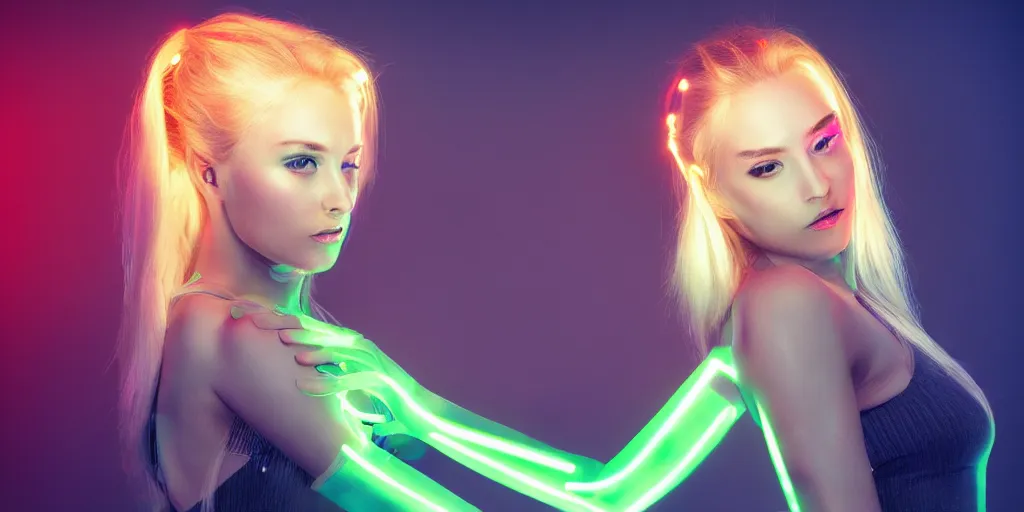 Image similar to a beautiful female blonde android cyborg neon light