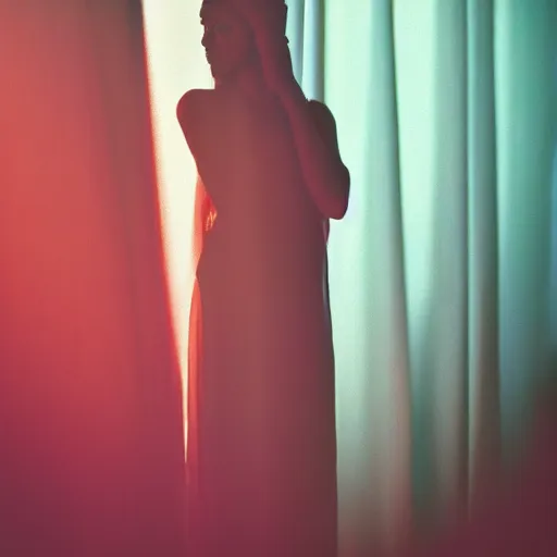 Prompt: photography of asim female sculpture, models behind white curtains, dramatic light, cinestill, filmstill, bokeh, long exposure, god rays, magic hour