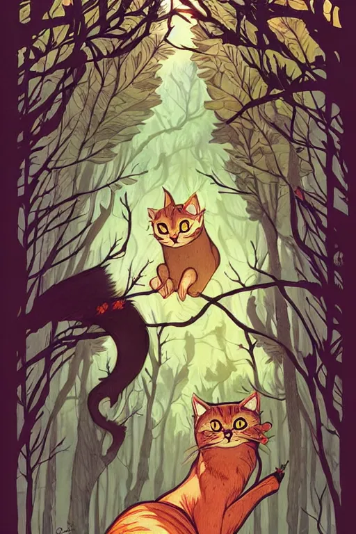 Image similar to concept art design illustration, forest, cat, witch, fantasy book cover illustration!!, 1 6 colors, logo, ink drawing, art by jc leyendecker and sachin teng