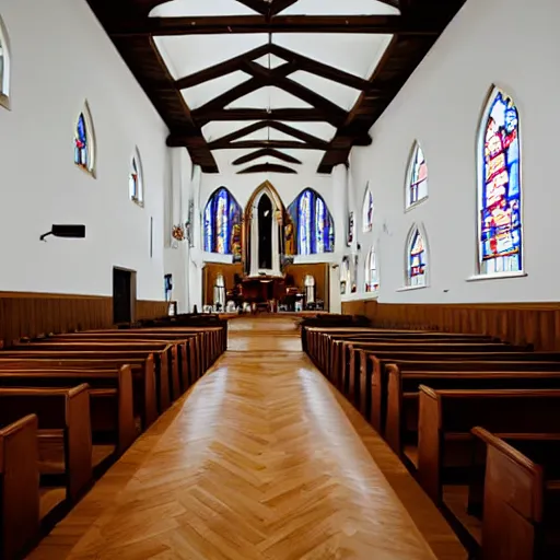 Image similar to a Church interior with white walls and wood floor