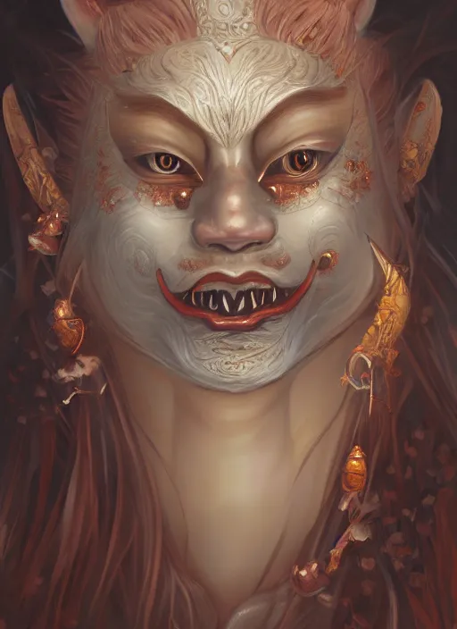 Image similar to a beautiful detailed oil on copper art illustration of a oni hannya mask shogun bear woman, centered, by charlie bowater, zeng fanzh, trending on artstation, dim dusk lighting, cinematic lighting, detailed lighting, volumetric lighting, realistic, f 8, 4 k hd wallpaper