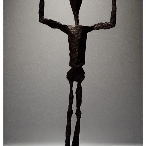 Prompt: sculpture of a cowering man, in the style of alberto giacometti