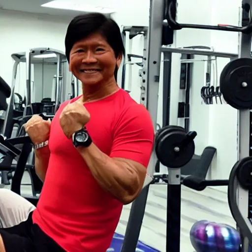 Image similar to A very muscular and lean BongBong Marcos flexing in the gym