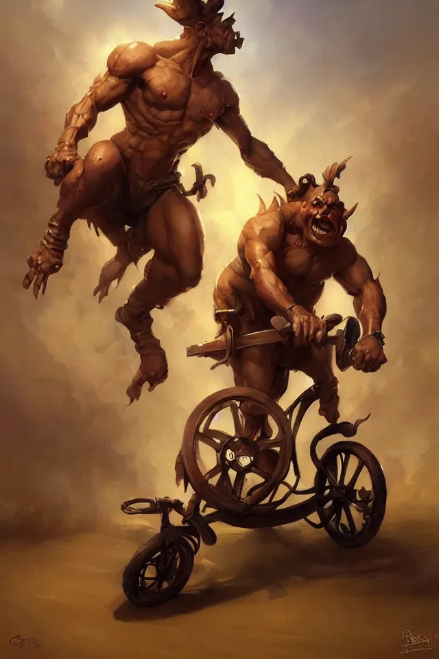 Image similar to A beautiful oil cartoony painting of a happy Remi Malek riding a tricycle by Lucas Graciano, Frank Frazetta, Greg Rutkowski, Boris Vallejo, epic fantasy character art, high fantasy, Exquisite detail, post-processing, low angle, masterpiece, cinematic