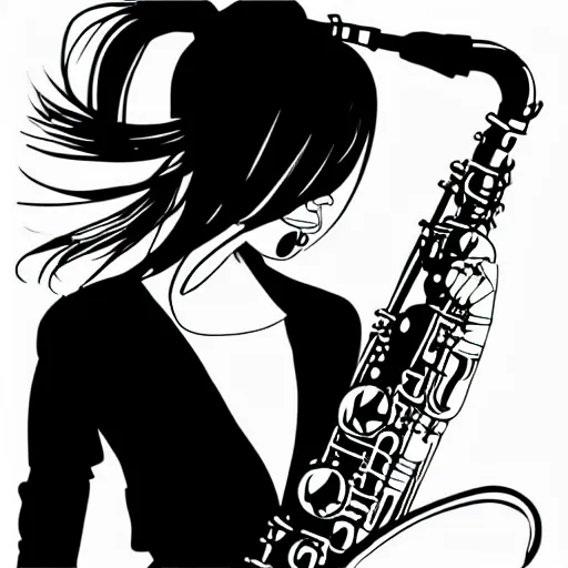 Image similar to an ink drawing of a tech punk girl playing the saxophone by ilya kuvshinov, black and white, white outline, high contrast