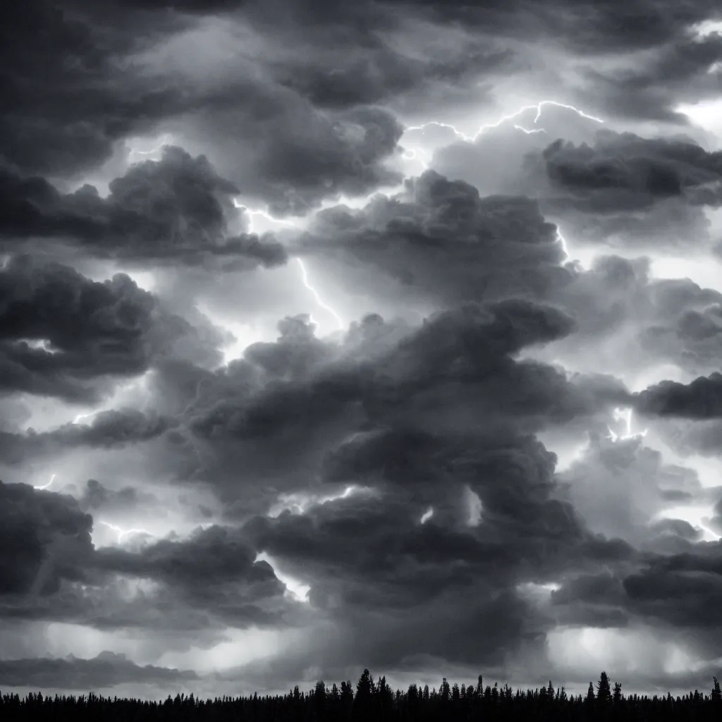 Prompt: god of thunder in the middle of a huge dark electric storm cloud above dark spruce forest, black metal aesthetics, dark atmosphere, black and white photo
