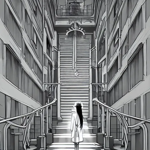 Image similar to a creepy woman walking through a bright white staircase with many doors and hallways, mc escher architecture, very detailed background, epic composition, anime key visual, anime style, by makoto shinkai