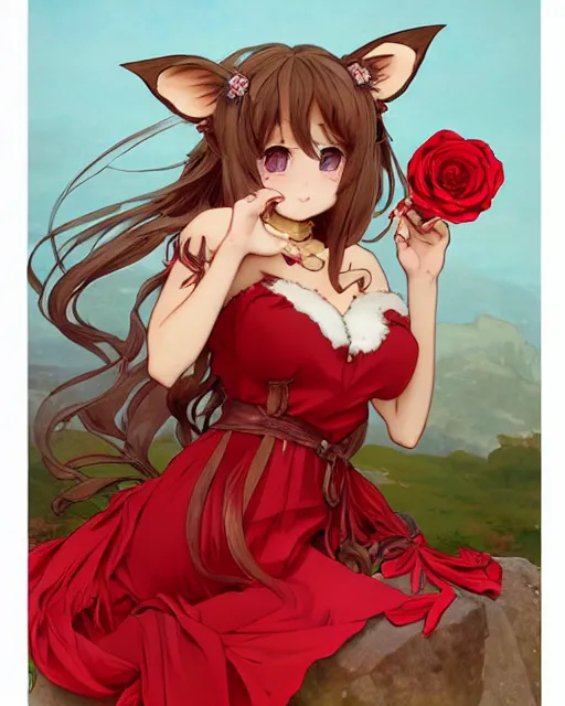 Image similar to A cute frontal fullbody painting of a beautiful anime skinny foxgirl with curly brown colored hair and fox ears on top of her head wearing a cute red dress with rose symbolic sitting on the stone looking at the viewer, elegant, delicate, soft lines, higly detailed, smooth , pixiv art, cgsociety, artgem, art by Gil Elvgren alphonse mucha, high quality, digital illustration, concept art