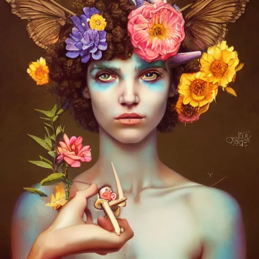 Image similar to Lofi biopunk portrait beautiful woman with short brown curly hair, roman face, unicorn, rainbow, floral, Pixar style, Tristan Eaton, Stanley Artgerm, Tom Bagshaw