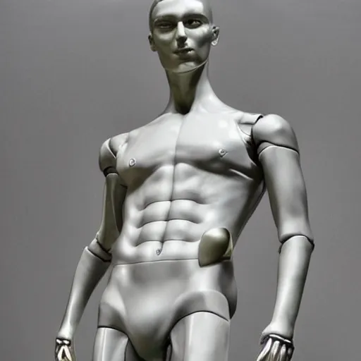 Image similar to “a realistic detailed photo of a guy who is an attractive humanoid who is half robot and half humanoid, who is a male android, Cristiano Ronaldo, shiny skin, posing like a statue, blank stare, at the museum, on display”