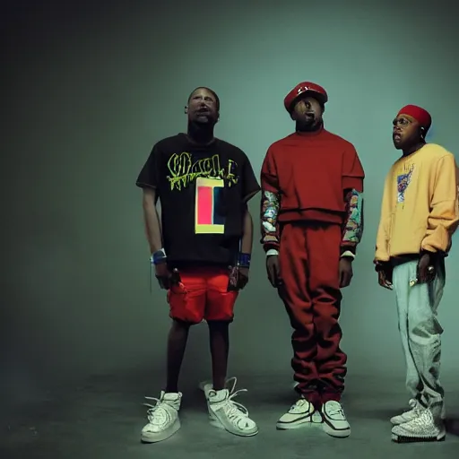 Prompt: A photo of Tyler the Creator, Kanye West and Lil Wayne in a music video, 8K concept art, vintage, shot on Kodak Ektar, detailed, ultrarealistic UHD faces