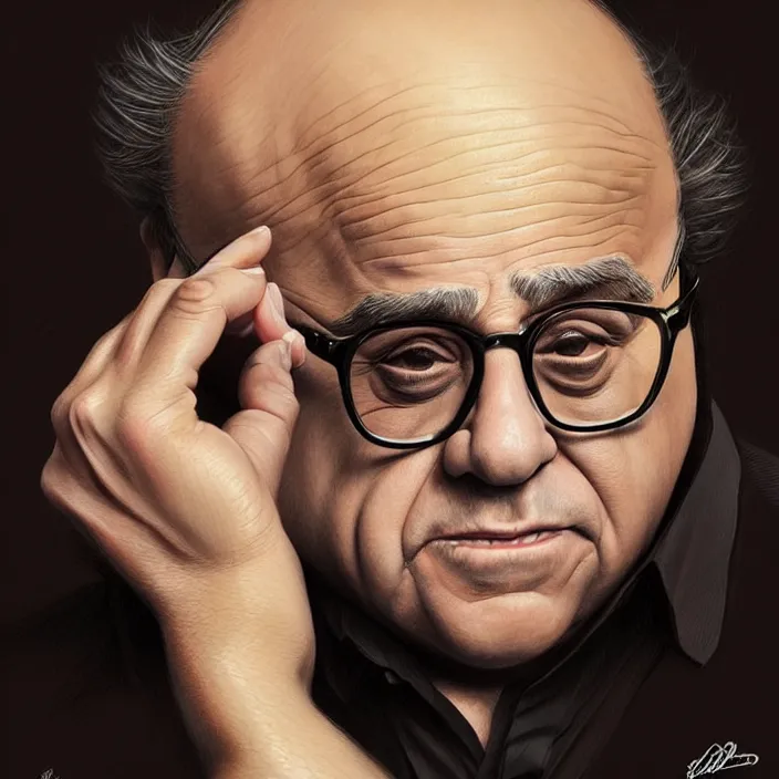 Image similar to danny devito and a blond man, elegant, real life skin, intricate artwork, high detailed, artstation, concept art, smooth, sharp focus, art by artgerm and greg rutkowski