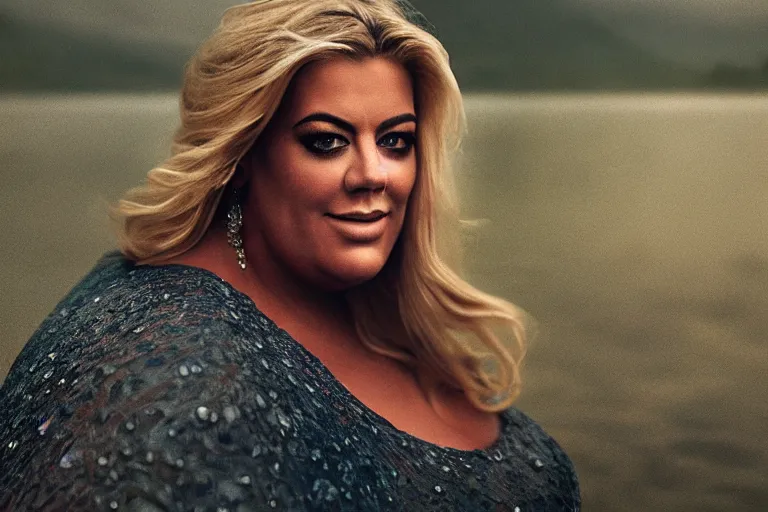 Prompt: a cinematic painting of gemma collins stood near a lake on a rainy day, beautiful lighting, high depth, ultra realistic, artistic, by annie leibovitz