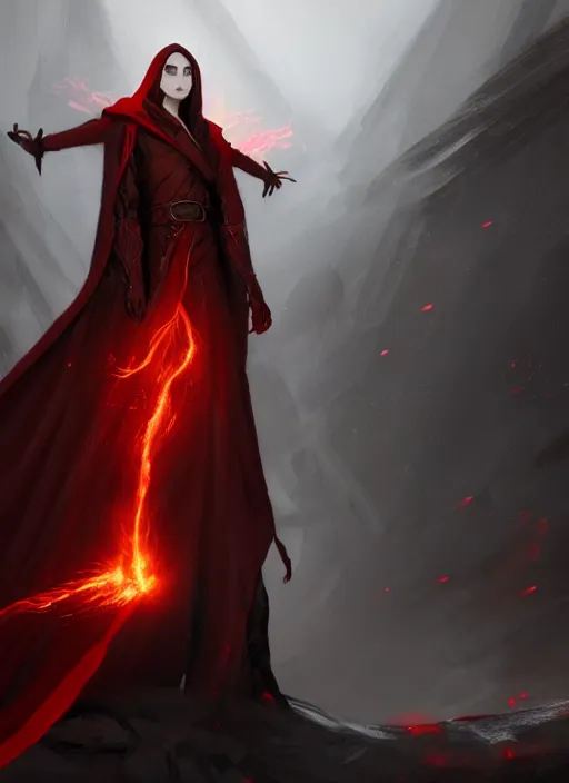 Image similar to Half-body of a hooded brunette elven fire mage in a black and red robe with fire around him. In style of Hyung-tae Kim and Greg Rutkowski, concept art, trending on ArtStation, Korean MMORPG, over-detailed art, 4K, epic, dynamic lightning, dramatic pose.