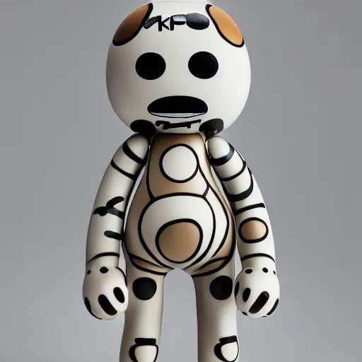 Image similar to high definition product shot of an off - white cheburashka porcelain figurine | visible cracks | reflections | 4 k | uhd | inspired by kaws | inspired by jeff koons