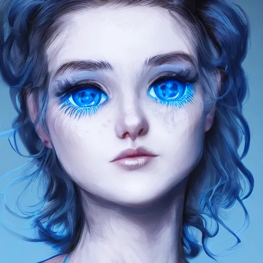 Image similar to pale girl with striking blue eyes and curly short black hair, digital art, trending on artstation