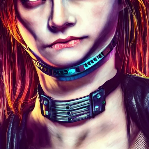 Image similar to detailed realistic female character cyberpunk wearing thick steel collar around neck, realistic, art, beautiful, 4K, collar, choker, collar around neck, punk, artstation, detailed, female, woman, choker, cyberpunk, neon, punk, collar, choker, collar around neck, thick collar, choker around neck, wearing choker, wearing collar,