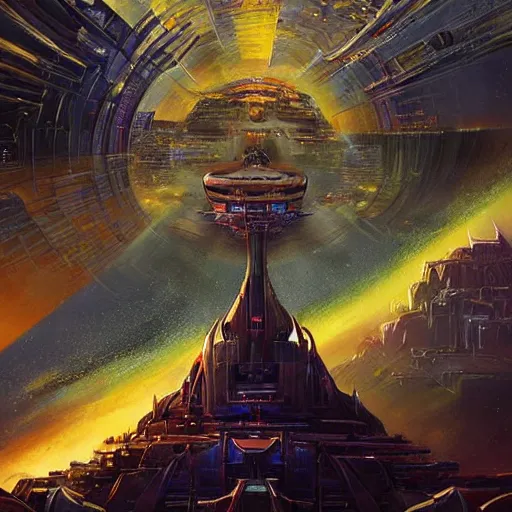 Image similar to skies walking castle crashed spaceship rich digital art depth of field sacred fantasy by alex grey, syd mead, john berkey, fenghua zhong, alena aenami, tristan eaton, john stephens, arthur adams