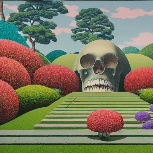 Image similar to complex and beautiful japanese garden full of flowers by michael kidd, oil on canvas, apple giant translucent transparent skull, james jean, splashes, magritte painting, intricate, highest details, 8 k, pushead, pointillism