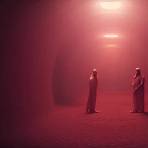 Image similar to colour aesthetic highly detailed photography scene, characters with very highly detailed faces. from dune ( 2 0 2 1 ) by alejandro hodorovski and denis villeneuve and gregory crewdson style with many details by andrei tarkovsky and caravaggio in sci - fi style. volumetric natural light hyperrealism photo on red dsmc 3 system