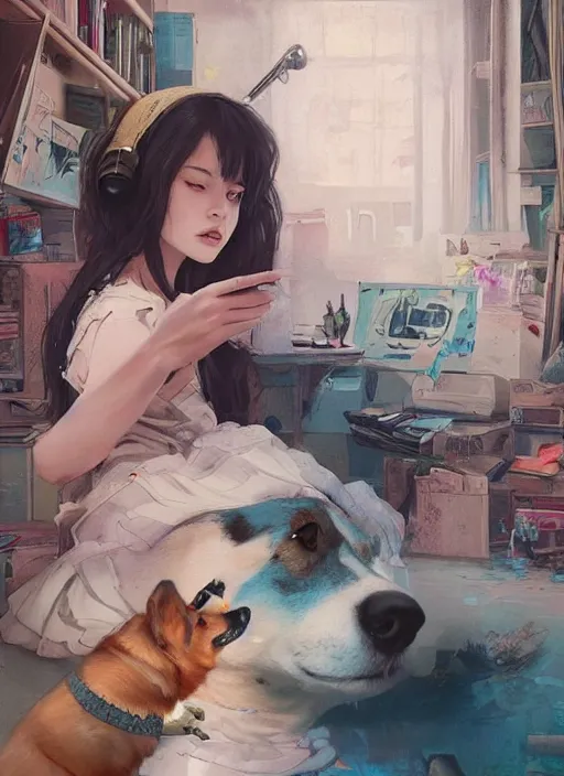 Prompt: beautiful fantasy painting of a Hiphop Lofi attractive girl and her corgi chilling to music, by Kenne Gregoire, James Jean, Tran Nguyen, WLOP, Jakub Rebelka. trending on Artstation, 8k, masterpiece, face enhance, graffiti paint, fine detail, full of color, intricate detail, golden ratio illustration