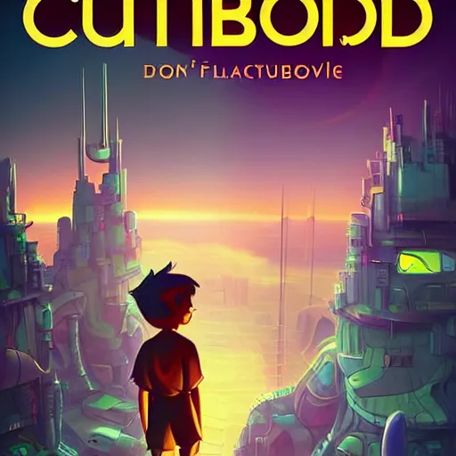 Image similar to film poster, novel cover art for a book, an adventurous boy and his small robot friend, futuristic city backgrond, eleborate composition with foreground and background, depth of field, fantasy illustration by kyoto studio, don bluth!!!, square enix, cinematic lighting