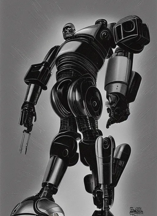 Image similar to Robocop by Ralph Mcquarrie, highly detailed, sharp focus, illustration