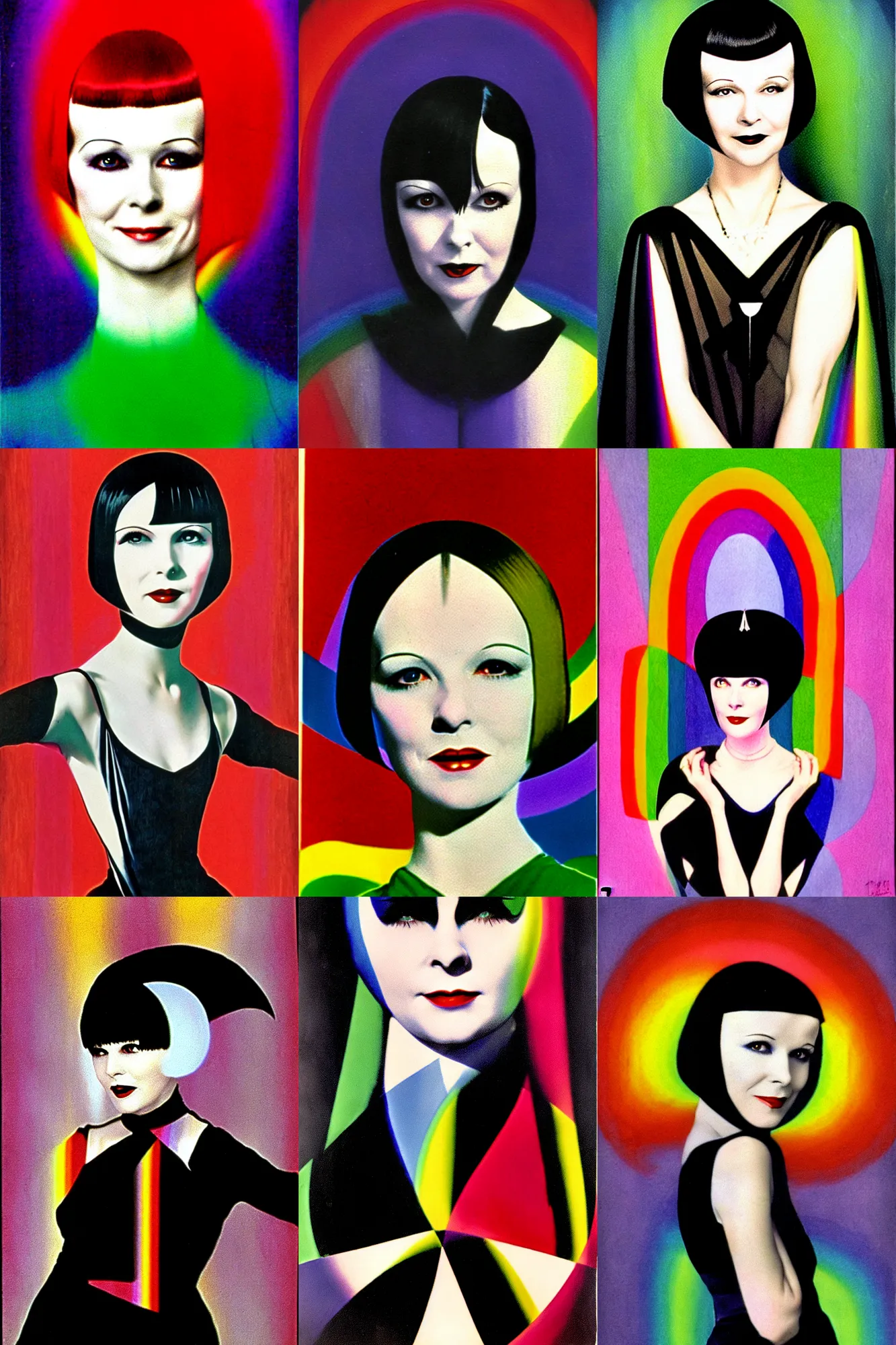 Prompt: portrait of mary louise brooks as a vampire, op art, rainbow