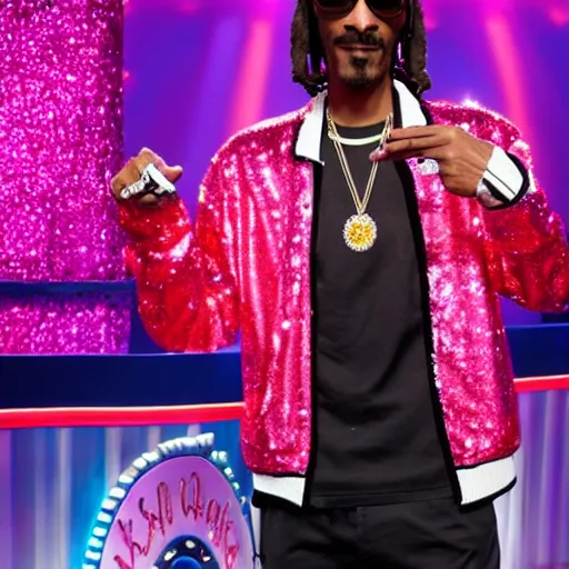 Image similar to Snoop Dogg wearing a pink sequin jacket and a sombrero, standing hosting a game show stage, studio lighting