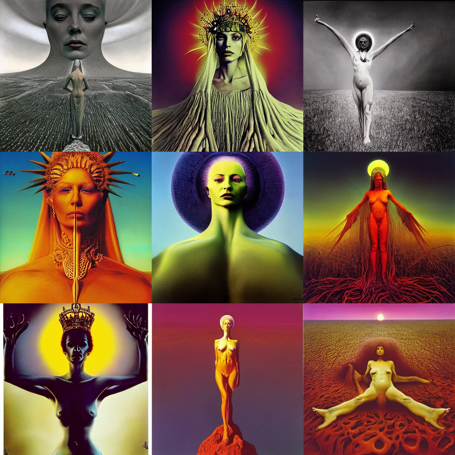 Prompt: the queen of the sun by zdzisław beksiński, photoshoot by david lachapelle